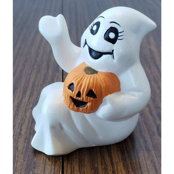 Halloween Small Ceramic 3.5 inch Smiling Sitting Ghost With Pumpkin Figure - Picture 1 of 9